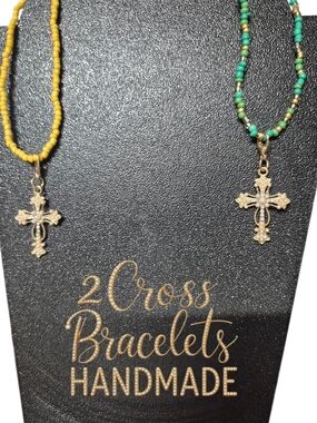 Handmade Gold Cross Pendant Bracelets - Yellow & Green/teal Beaded Options